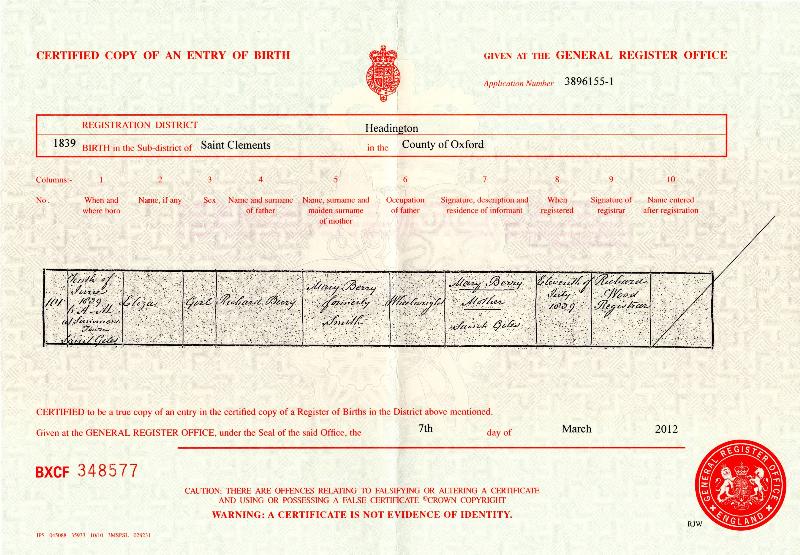 Berry (Eliza) 1839 Birth Certificate